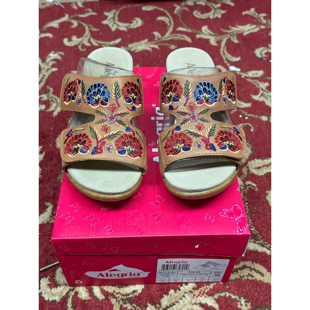 Alegria Linn Cognac Needles and Pins Floral Embroidered Wedge Sandals Size 36